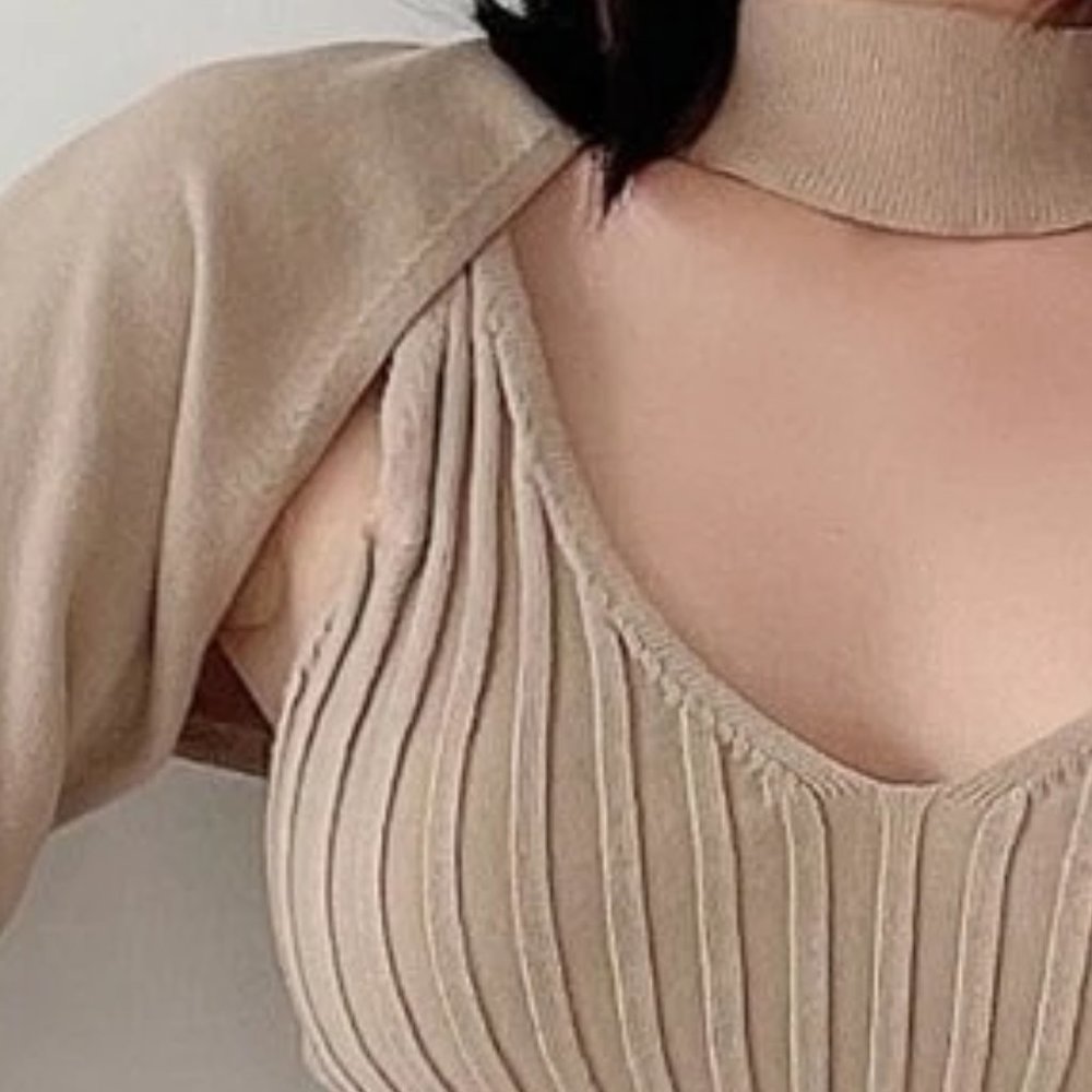 Beige Ribbed Cami Top and Crop Arm Sweater Fall WI - Picture 4 of 8